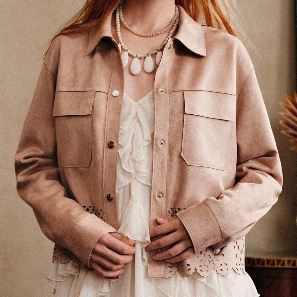 Boho Women's Casual cut off design button down Suede-like Jacket - Picture 6 of 8